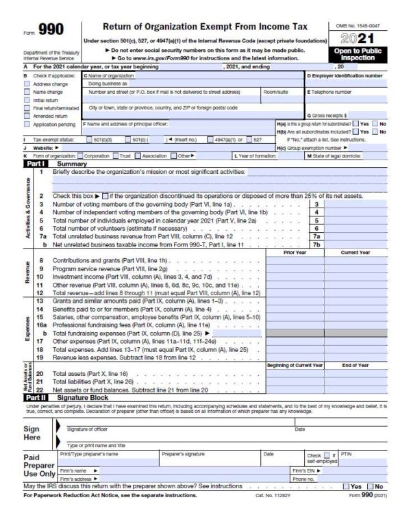 Form 990, Return of Organization Exempt from Income Tax